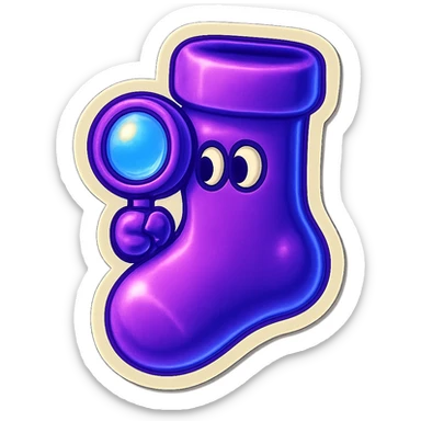A neon-purple sock with a peeking face, holding a magnifying glass, representing peeking or investigation. sticker