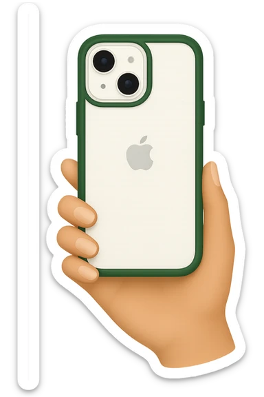Modern minimalist style image of a white iPhone with a dark green case, viewed from the back, held by a female hand with nude manicure, in emoji style, no emojis included. sticker