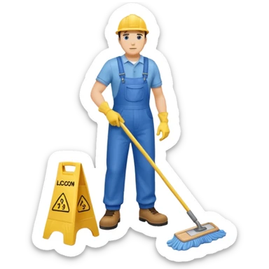 Custodian with yellow rubber gloves, blue overalls, mopping floor sticker