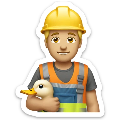 A construction worker with blond hair holding a duck in his arm sticker
