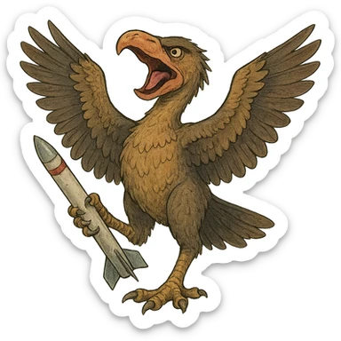 an insignia for a flag: a strange foreign alien bird creature, resembling a prehistoric phorusrhacos, gripping a sidewinder missile in its' powerful claw, standing up on its' other claw, cawing fiercely, wings spread in defiance.
 sticker