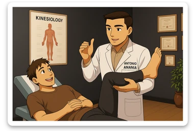 su questo lettino rappresenta un webtoon manga a colori con questo stile, in cui un uomo è steso sul lettino medico e il kinesiologo con il camice bianco (fagli anche la scritta "ANTONIO ANANIA" SUL CAMICE, gli solleva una gamba per fargli il test neuromuscolare, IL KINESIOLOGO SPIEGA ALL'UOMO UNA cosa mentre gli alza la gamba. l'espressione dell'uomo è felice e soddisfatta, non fare i fumetti però, fai solo in modo che sembri stiano parlando sticker