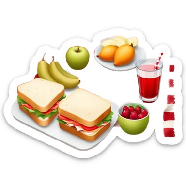 picnic with sandwiches, fruits, and drinks on a red and white checkered blanket sticker