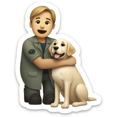 a vet hugging a shaggy labrador-like dog sticker
