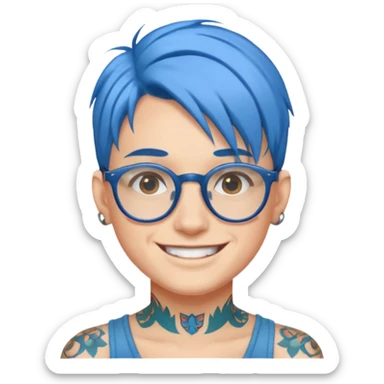 smiling face with blue hair, glasses, and a visible tattoo sticker