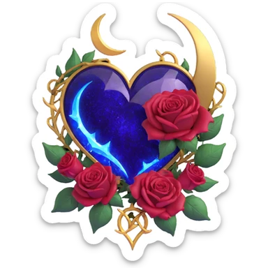 gothic heart made of deep purple glass with gold crescent moon, dark red roses, sparkling stardust, electric blue lightning, wet look, shattered glass texture sticker