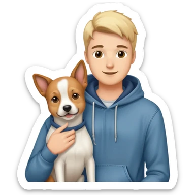 pretty handsome dog lover boyfriend with soft smile, wearing hoodie and jeans, one dog   sticker