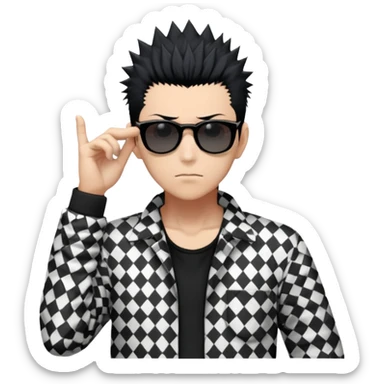 Satoru Gojo from Jujutsu Kaisen with spiky black hair, wearing black and white checkered shirt with rolled-up sleeves, black pants, confident expression, sunglasses on top of head, one hand in pocket sticker