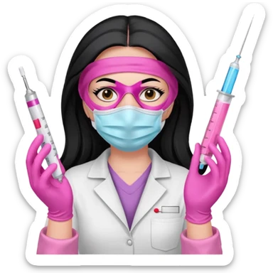 laboratorista con guantes rosa y mascarilla rosa  jeringa tubos  pelo negro largo triguella sin lentes pelo lacio negro y largo  sticker