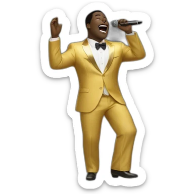 sam richardson in a gold suit singing into a microphone full body dancing fro hair sticker