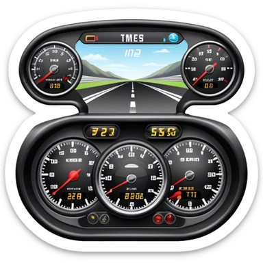 An icon showing a racing game interface, inspired by Grand Turismo. The design features a garage with a selection of high-performance cars, along with race track visuals in the background. Speedometer, lap timer, and other HUD elements add to the excitement. Transparent background sticker