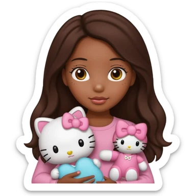 black girl with long brown hair, holding a hello kitty plushie  sticker