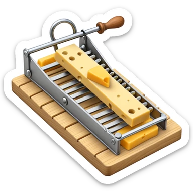 A 3D emoji in iOS emoji aesthetic style of a classic mousetrap with a wooden base and a metal spring mechanism, holding a small piece of yellow cheese, clean and detailed design, white background, glossy Apple-style rendering sticker