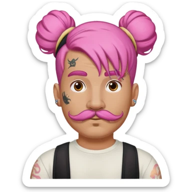 single big bun pink hair man and mustache and face tattoos very heavy and headband sticker