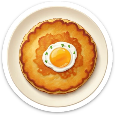 traditional Eastern European potato pancake (draniki), golden-brown, crispy edges, soft center, round and rustic with visible shredded potato texture, small dollop of sour cream on top, clean minimal expressive sticker
