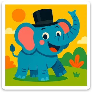 Add a fun top hat to the joyful elephant, keeping the vibrant cartoon style. sticker