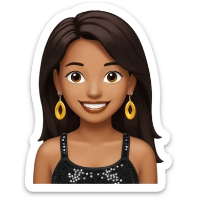 Chilli from TLC with long dark brown hair, black sequin crop top, black earring sticker
