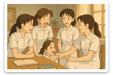 Indoor Ghibli scene with four nursing students interacting, white short-sleeve uniforms with V-neck and left chest pocket, bare forearms, long hair tied back, no stethoscopes or collar stand, inspired by reference photos sticker