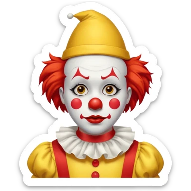 Yellow pointed hat with a red tip.

Red hair sticking out on the sides.

White face paint with black eyebrows, red nose, and red lips.

Wearing a yellow clown costume with red buttons.

Sad, concerned expression. sticker