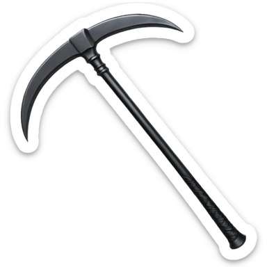 The scythe of the God of Death, a symbol of death, is long and straight, entirely in deep black. sticker