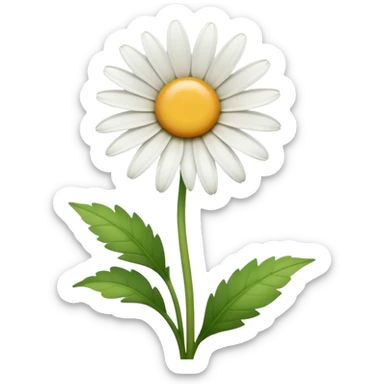 Cinematic Realistic Daisy Emoji, Cheerful and pure, with bright white petals surrounding a sunny yellow center, standing proudly atop a slender green stem. The soft, vibrant petals seem to radiate positivity, while a few green leaves frame the delicate flower. Soft glowing outline, capturing the essence of simplicity, innocence, and happiness in a single daisy. sticker