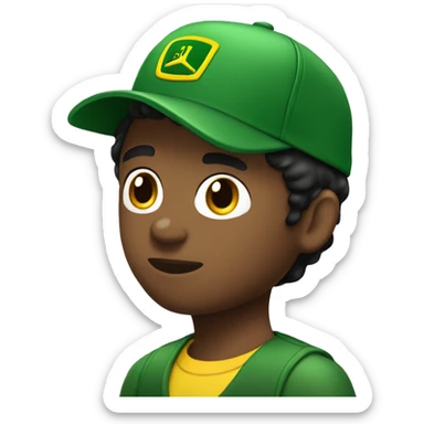 Black haired white boy with green and yellow John Deere cap on his head and brown eyes  sticker