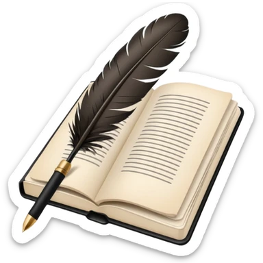 Minimalistic flat vector icon, iOS style, thin black contour on white background. Open script book with a feather pen or clapperboard. No text, no shadows.
 sticker