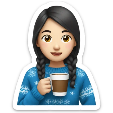 Asian girl drinking coffee wearing blue Christmas sweater sticker