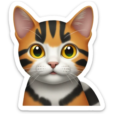 a cat with green eyes and orange, black, and white spots and a cat with orange stripes with yellow eyes.  sticker