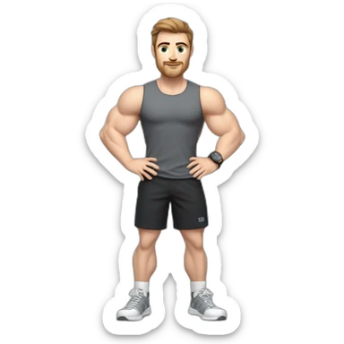 Close up Actively gesturing  with hands Pale skinned Fit Man With the biceps and brown hair in dark gray Sleeveless Mike, black oversize sports shorts, watch and white Sneakers sticker
