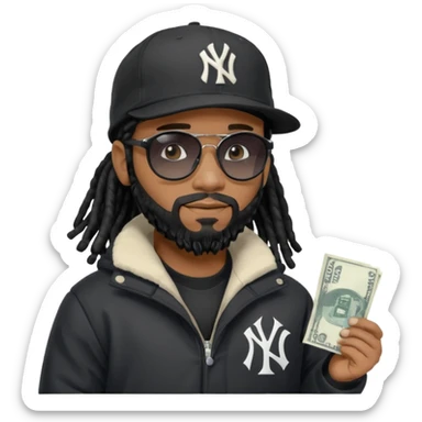 African American man with shoulder length black dreadlocks with black beard wearing black sunglasses wearing a black New York Yankees logo baseball Cap wearing a black bubble winter coat give away money sticker