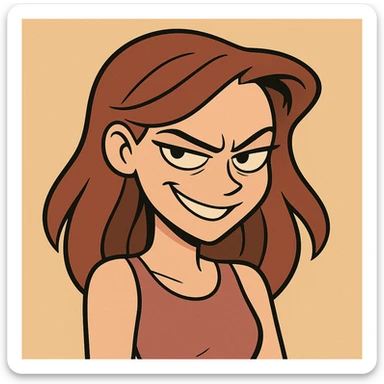 a beautiful girl with a cheeky, cunning smile and piercing eyes, bold cartoon style sticker