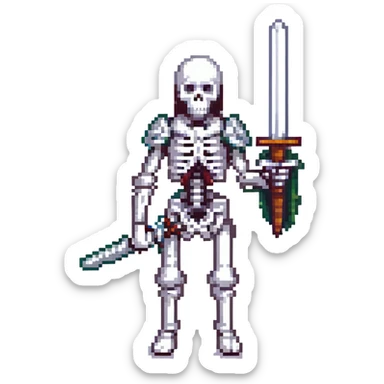 skeleton with a sword, white bones, silver sword sticker