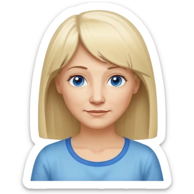 50 yr old white woman, hippie part short bangs, very long straight blond hair, oval face, small smile, blue eyes, thin face, hair downback, hair parted at center of head, round cheeks, pale, longer hair, white shirt sticker