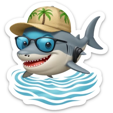 Tiburón playero con camisa hawaiana, lentes negros, y una gorra al revés sticker
