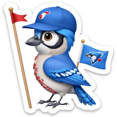 blue jay wearing blue jay baseball hat, holding flag with name Carolyn on flag sticker