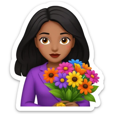 black hair woman with big bouquet of flowers sticker