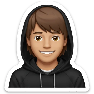 20 yr old man, brown hair, straight, big smile, white teeth, tanned skin, bangs, black hooded sweatshirt, long hair in back, middle parted bangs sticker