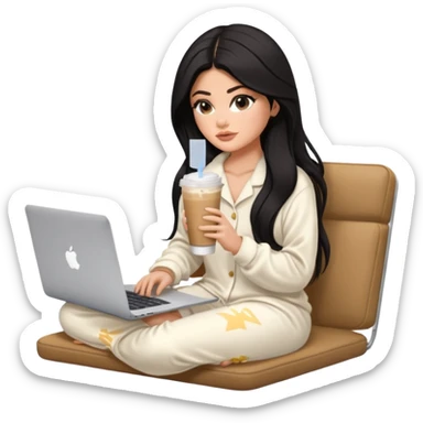 Kylie Jenner with her sexy face and long hair, make it 1 tone lighter,sitting learning on macbook watching the screen, she wears an off- white Skims pajama and she's drinking 1 tasty iced latte sticker