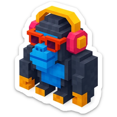 voxel style gorilla with sunglasses and headphones, isometric view sticker