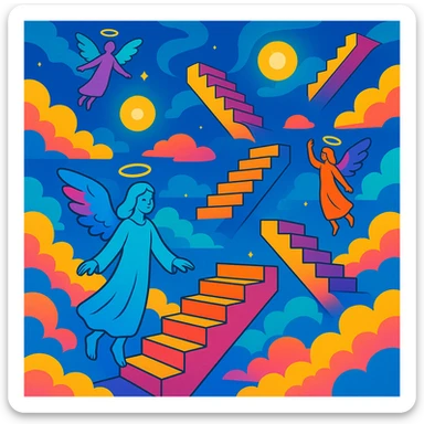 surreal heaven scene with giant staircases leading to nowhere, glowing orbs, ethereal beings, vibrant colorful style sticker