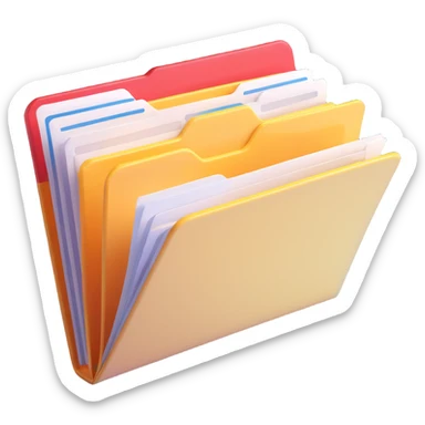 3D style folder, slightly open with visible documents sticking out, clean and simple design, bright lighting sticker