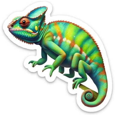 Giant chameleon on a branch, blending with vibrant greenery. Detailed scales in shifting colors, showing the chameleon’s ability to camouflage. Soft natural light highlights its texture. Nature background with leafs aтв адщцукы. Lush jungle background with vivid foliage, transparent background. sticker