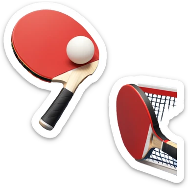 Two table tennis paddles and a ball placed on a ping pong table, with the net in the background. The scene conveys the simplicity and focus of the sport, with vibrant colors highlighting the rackets and ball on the smooth surface of the table. sticker