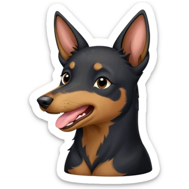 Cinematic Cute Yawning Black and Tan Kelpie Portrait Emoji, Head tilted slightly with a dramatic, wide-open yawn, showcasing a smooth black Fur with distinct tan accents, floppy ears slightly drooping, round dark eyes barely open in drowsy contentment, Simplified yet irresistibly adorable features, highly detailed, glowing with a soft, cozy glow, high shine, relaxed yet expressive, stylized with a touch of whimsy, bright and endearing, soft glowing outline, capturing the essence of a sleepy yet affectionate herder, so drowsy it feels like it could stretch out of the screen and curl up for a nap! sticker