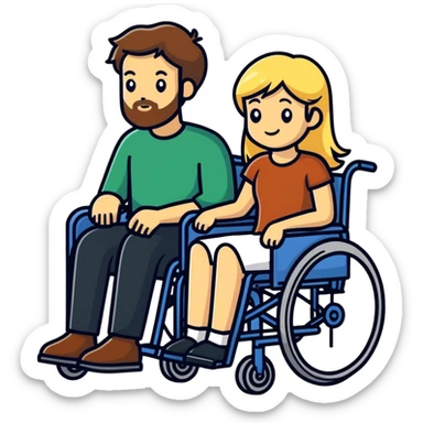 Brown haired man in a wheel chair with a beard with blonde haired mom sticker