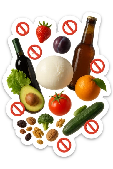 mozzarella, frutta legumi, frutta secca, birra e vino realistici fluttuano in aria con piccoli divieti 3d, IPERREALISTICO 4K sticker