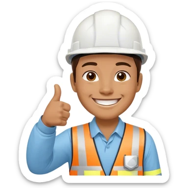 pria karyawan konstruksi menggunkan helmet putih berseragam biru langit berlengan panjang dan tersenyum dan mengacungkan jempol sticker