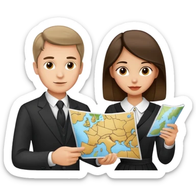 Russian man and elegant Spanish girl in elegant outfits with a map planning  sticker