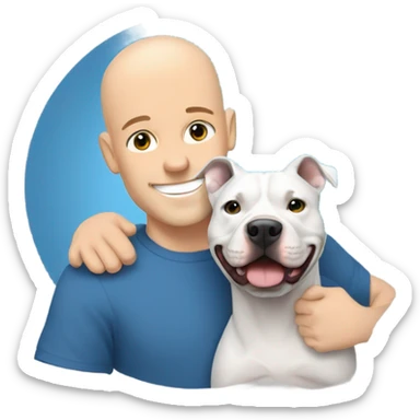 bald white man no beard blue eyes and blue tshirt Hugging large gray smiling pit bull sticker